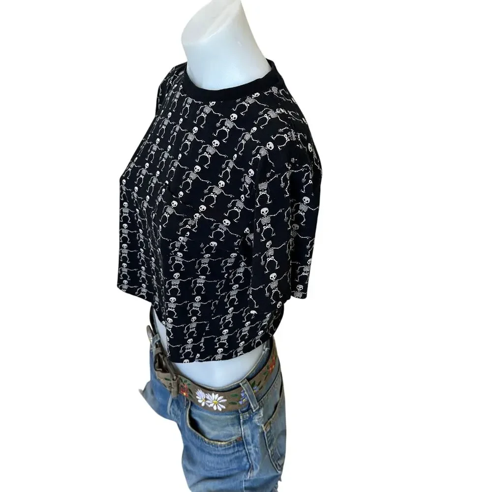 Skelton Black Cropped Baby Tee MEDIUM Spooky Goth Scrunchy Unique CheekyMontana - Picture 3 of 6